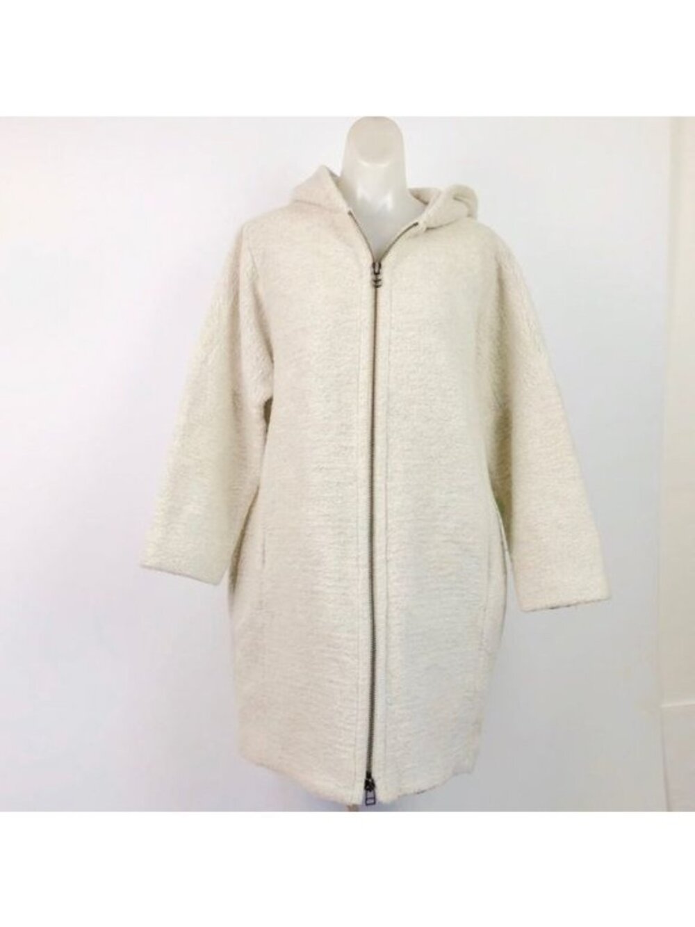 ATM mohair blend Cocoon Hooded front zip ivory Coat size Small